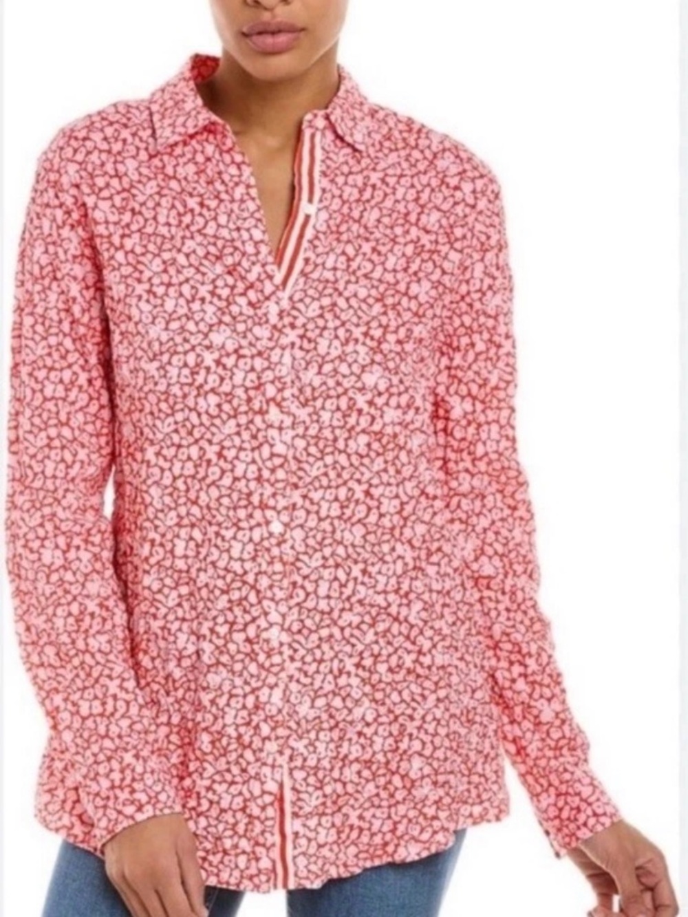 J. Mclaughlin Lois Shirt Top Red Pink Button Up Collared Crinkle Tunic Blouse M
